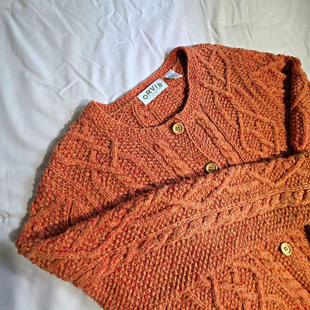 Orvis Women’s Cable Knit Button-Front Collared Cardigan Sweater L Orange